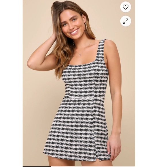 🆕LULUS TWEED PLAID SKORT ROMPER WITH CHARMING DIRECTION N BLACK & IVORY - Picture 1 of 12